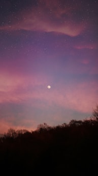 A serene night sky filled with stars and a glowing crescent moon in vibrant purple hues.