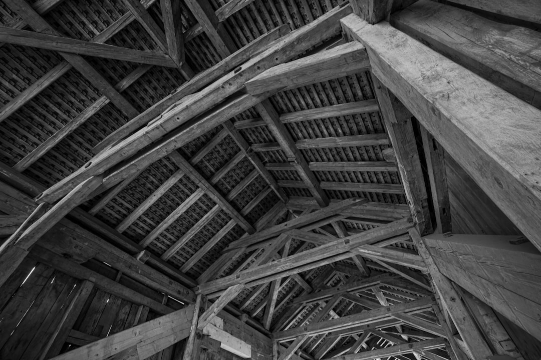 grayscale photo of wooden ceiling