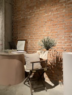 brown wooden table with white table cloth