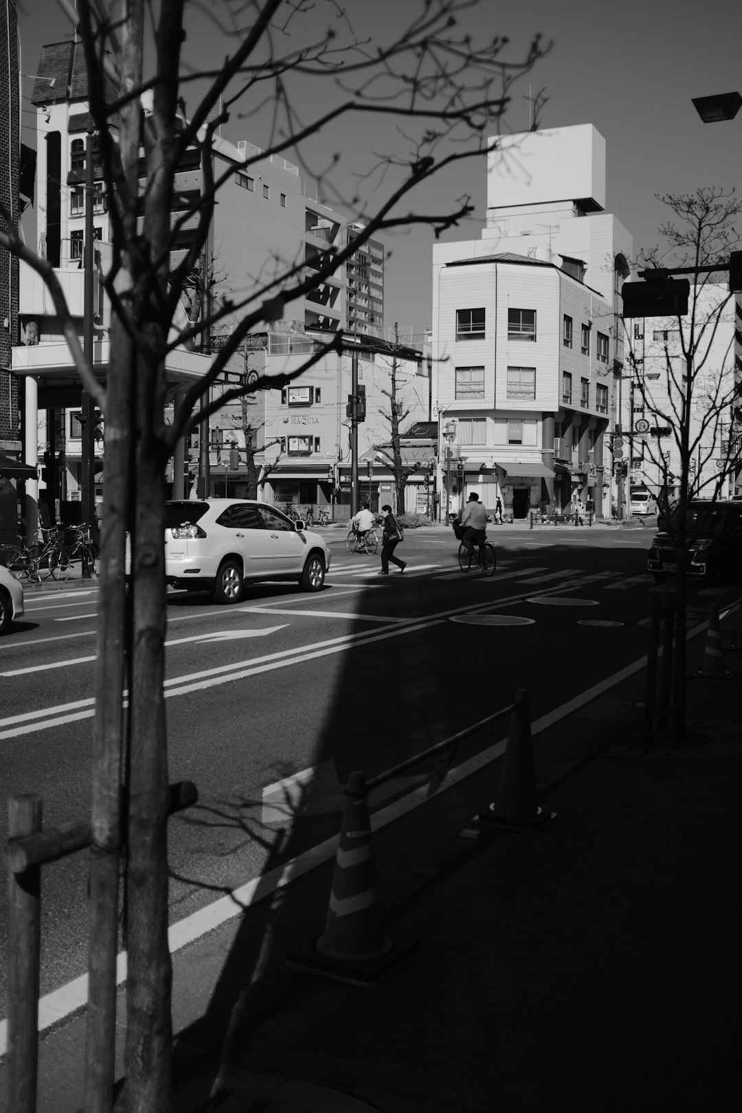 grayscale photo of cars on road