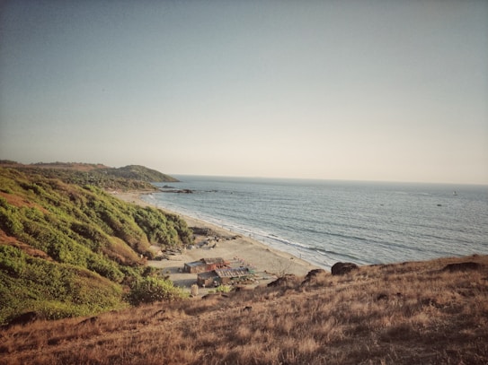 A coastal landscape featuring a sandy beach next to a calm ocean. Lush greenery covers rolling hills that stretch along the shore. A few small structures and boats are visible on the beach, suggesting a peaceful seaside setting.