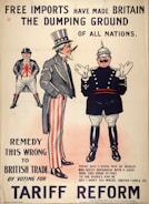 A vintage political poster depicts three cartoonish figures in exaggerated national costumes. The central figure, representing the United States, wears a top hat and striped pants. To the right, a figure representing Germany is dressed as a militaristic officer. On the left, a British character stands with crossed arms wearing a jacket featuring the Union Jack. The text above reads 'Free imports have made Britain the dumping ground of all nations.' Additional text below advocates for tariff reform to protect British trade.