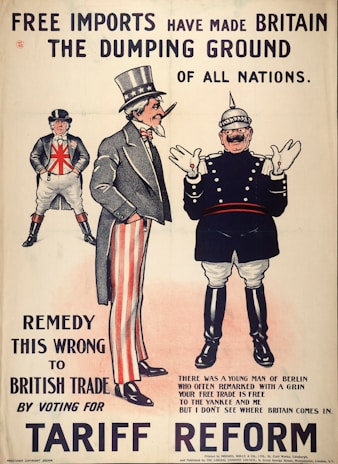 A vintage political poster depicts three cartoonish figures in exaggerated national costumes. The central figure, representing the United States, wears a top hat and striped pants. To the right, a figure representing Germany is dressed as a militaristic officer. On the left, a British character stands with crossed arms wearing a jacket featuring the Union Jack. The text above reads 'Free imports have made Britain the dumping ground of all nations.' Additional text below advocates for tariff reform to protect British trade.