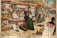 A vintage illustration depicts a bustling street scene outside 'The Continental Supply Stores Unlimited.' The store window displays a wide variety of goods including toys, glassware, and cutlery, each labeled with signage indicating foreign countries of origin like 'Austria' and 'Russia.' People are engaged in conversations on the street, and a small dog is present among them. Advertisements for job opportunities and a meeting on 'Free Imports' dominate the walls. The scene has an industrial-era feel, with detailed representations of the storefront and various goods.