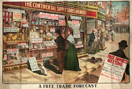 A vintage illustration depicts a bustling street scene outside 'The Continental Supply Stores Unlimited.' The store window displays a wide variety of goods including toys, glassware, and cutlery, each labeled with signage indicating foreign countries of origin like 'Austria' and 'Russia.' People are engaged in conversations on the street, and a small dog is present among them. Advertisements for job opportunities and a meeting on 'Free Imports' dominate the walls. The scene has an industrial-era feel, with detailed representations of the storefront and various goods.