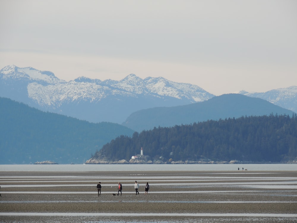 people walking on gray sand near mountains during daytime