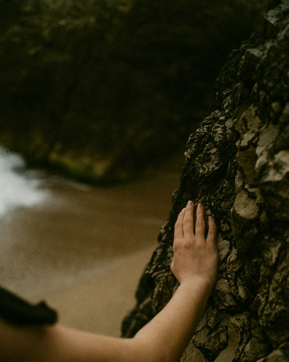 person holding brown rock near body of water during daytime