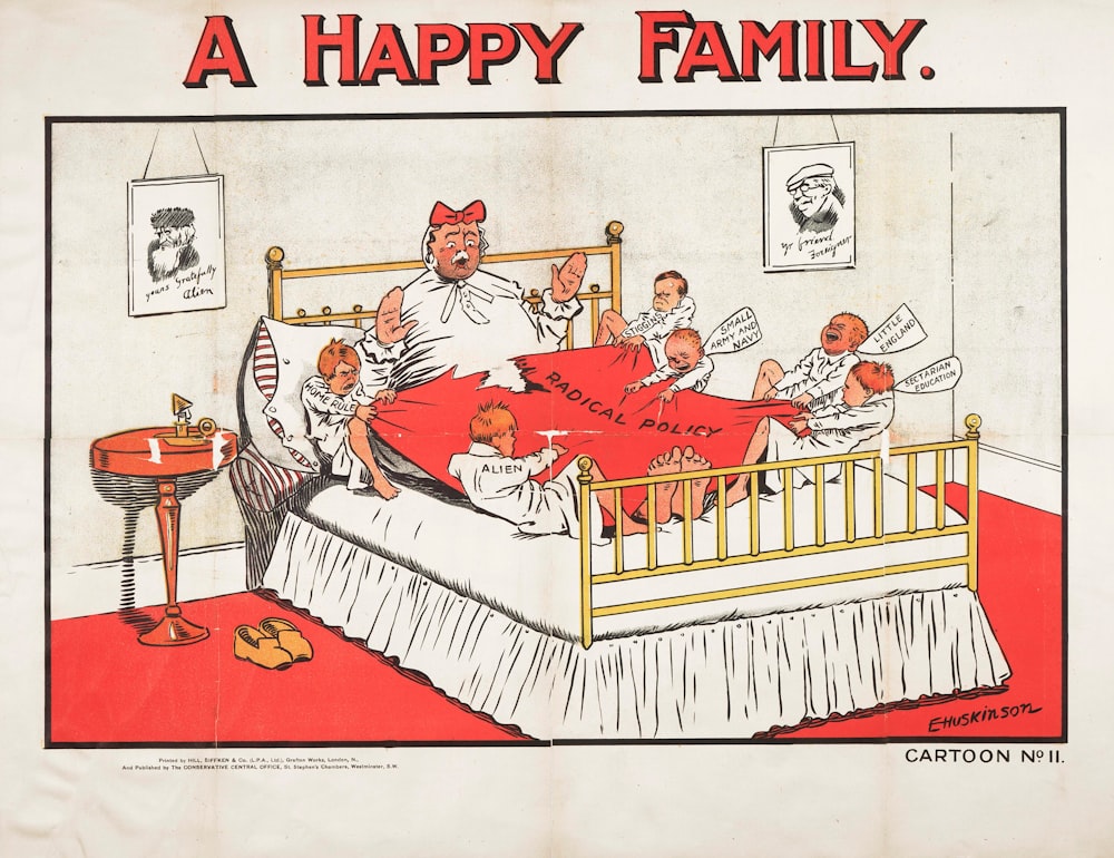 a cartoon picture of a family in bed