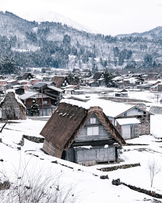 Traditional wooden houses in a quaint village surrounded by snow during winter.