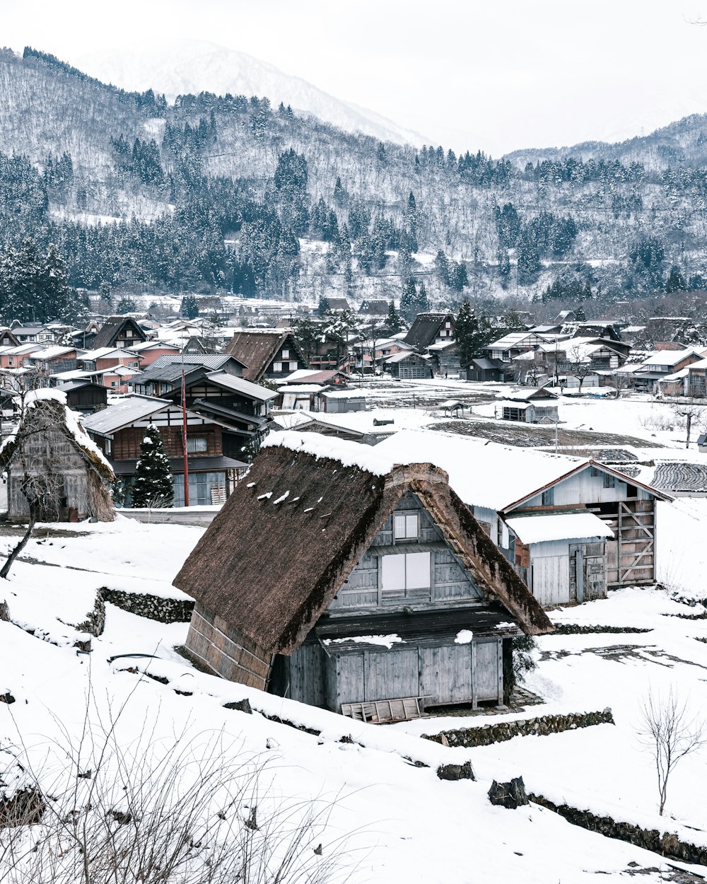 brown wooden house on snow covered ground during daytime