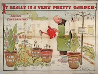 A cartoon depicts an elderly man wearing an apron and holding a red watering can. He is watering pots labeled 'Home Rule,' 'Strong Navy,' 'Reduced Taxation,' and 'Imperial Disunion.' The background includes a small building with a sign reading 'Radical Conservatory,' and there are words like 'Social Reform' and 'Godless Education' throughout. The imagery suggests a satirical take on political issues.
