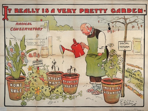 A cartoon depicts an elderly man wearing an apron and holding a red watering can. He is watering pots labeled 'Home Rule,' 'Strong Navy,' 'Reduced Taxation,' and 'Imperial Disunion.' The background includes a small building with a sign reading 'Radical Conservatory,' and there are words like 'Social Reform' and 'Godless Education' throughout. The imagery suggests a satirical take on political issues.