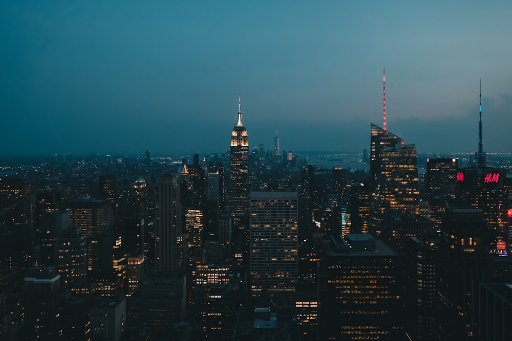 city skyline during night time