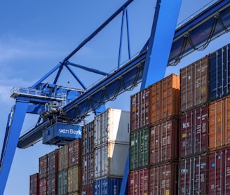 blue and red cargo containers