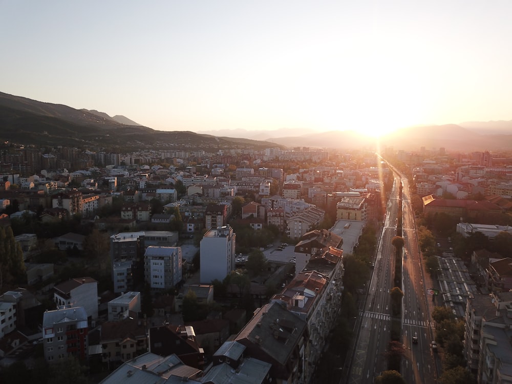 aerial view of city during sunset