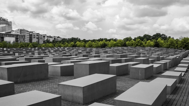 An array of large, rectangular concrete blocks is arranged in a grid pattern, creating a geometric landscape. These blocks are situated on a paved ground, with a backdrop of green trees and a cloudy sky overhead. Buildings are visible in the distance, contrasting with the solemn atmosphere of the rows of blocks.