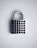 A silver padlock with a rectangular body and a curved shackle sits against a light background. The front of the padlock is adorned with rows of small, circular blue gems, giving it a decorative appearance.