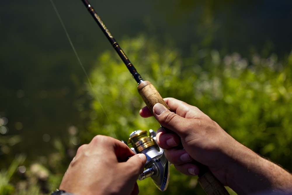 person holding black and gold fishing rod with reel