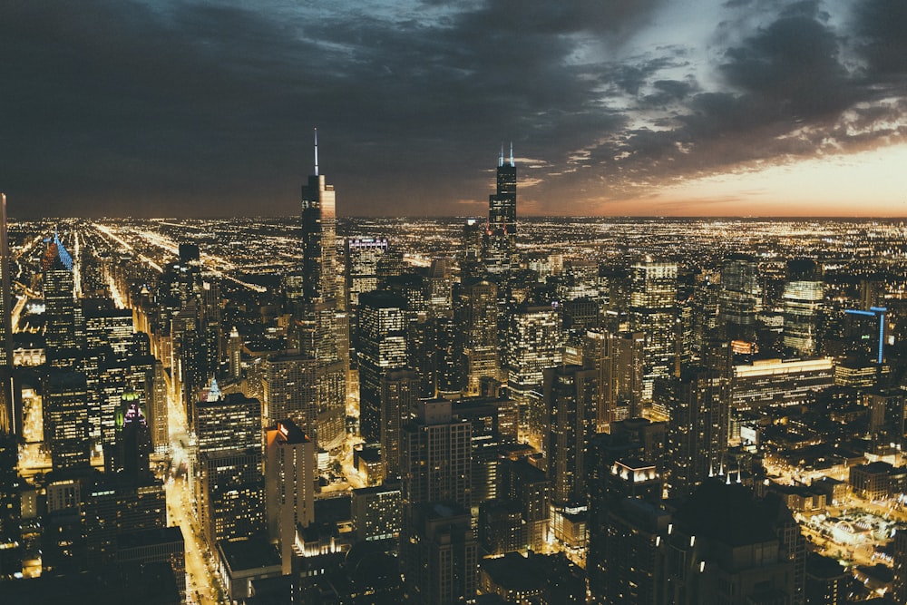 aerial view of city buildings during night time