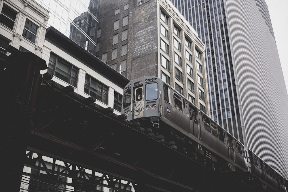 blue and white train in the city during daytime