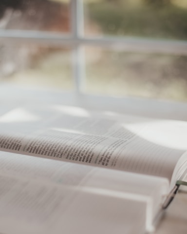 A serene open book resting on a wooden table with soft morning light illuminating the pages.