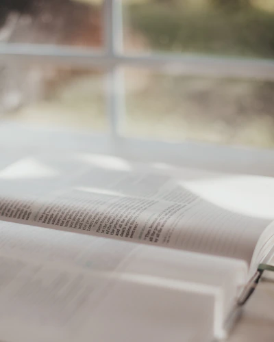 A close-up of a law book open on a wooden desk with sunlight streaming in.