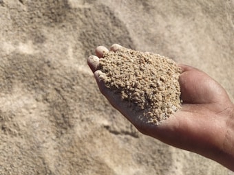 A close-up of a hand holding a small amount of sandy material. The background is filled with more of the same sand-like substance, indicating a natural setting. The texture appears to be fine, with small, irregular particles.