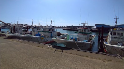 Several fishing boats are docked at a harbor on a clear, sunny day. The boats are lined up along the pier with various equipment visible on deck. In the background, there is a large building with a blue roof, and the sky is bright and clear, reflecting on the water surface.