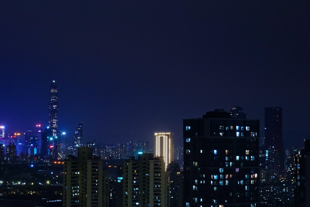 city skyline during night time