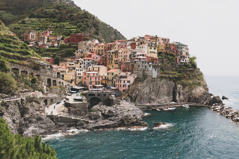 houses on mountain beside sea during daytime