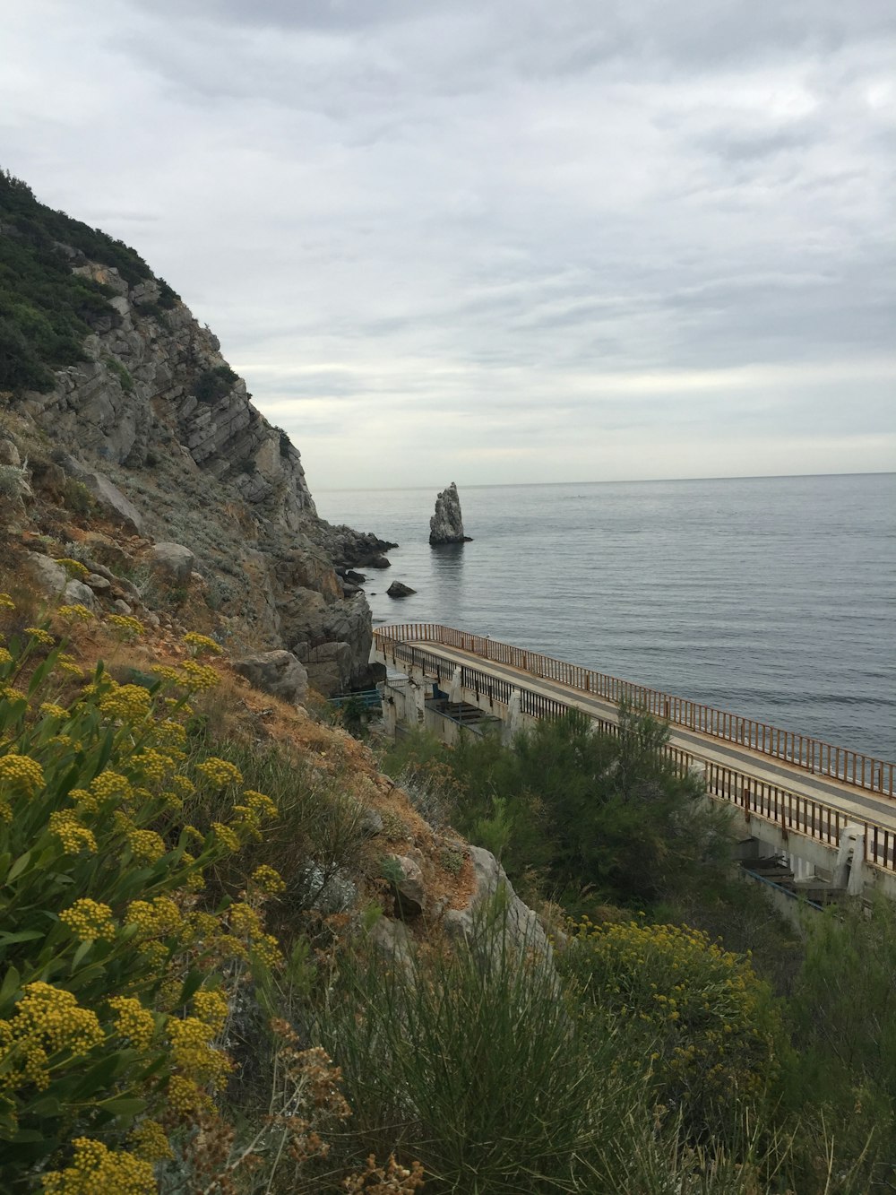 green grass on brown rocky mountain beside sea under white clouds during daytime