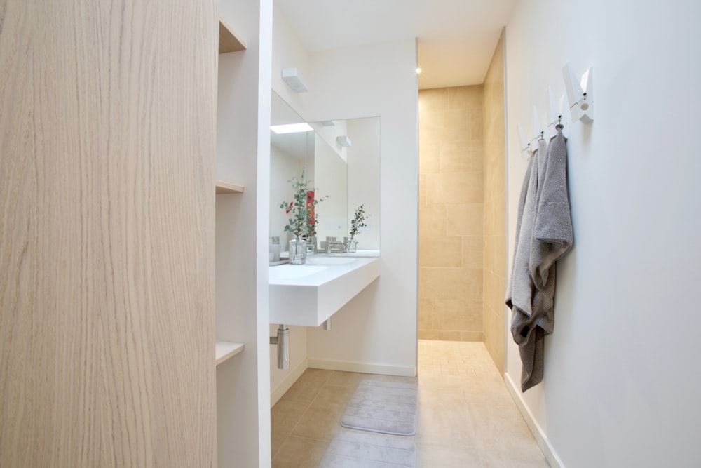 white wooden table with mirror