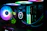 Close-up of a sleek computer case with colorful LED lighting.