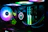 Close-up of a sleek computer case with colorful LED lighting.