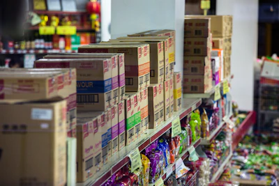 pink and white cardboard boxes