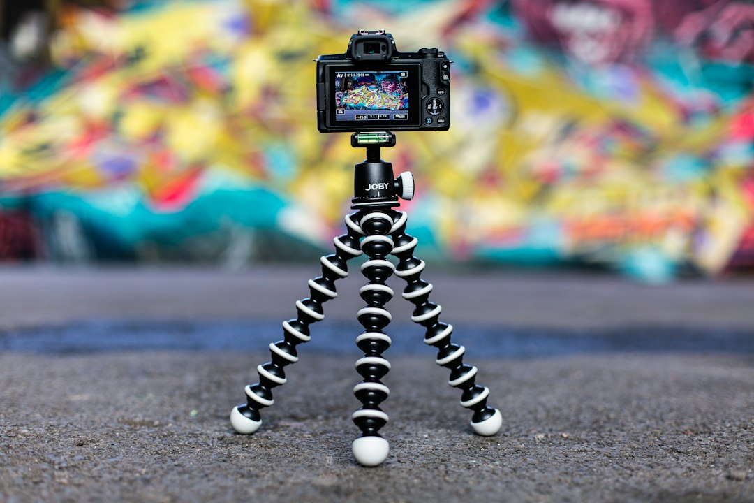 black and white camera on tripod, Canon M50 with a Joby Gorilla Pod.