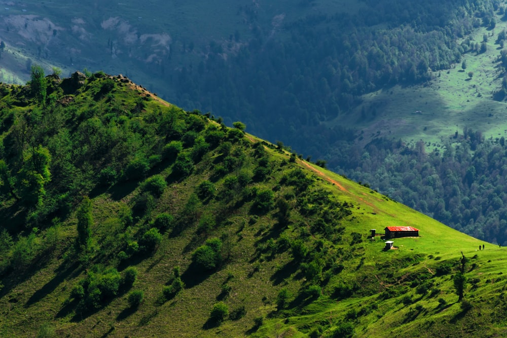 Avión rojo y blanco volando sobre la montaña verde durante el día