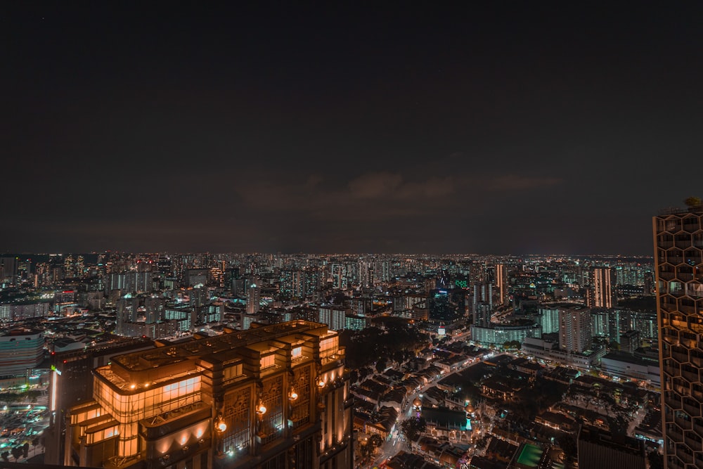 city with high rise buildings during night time