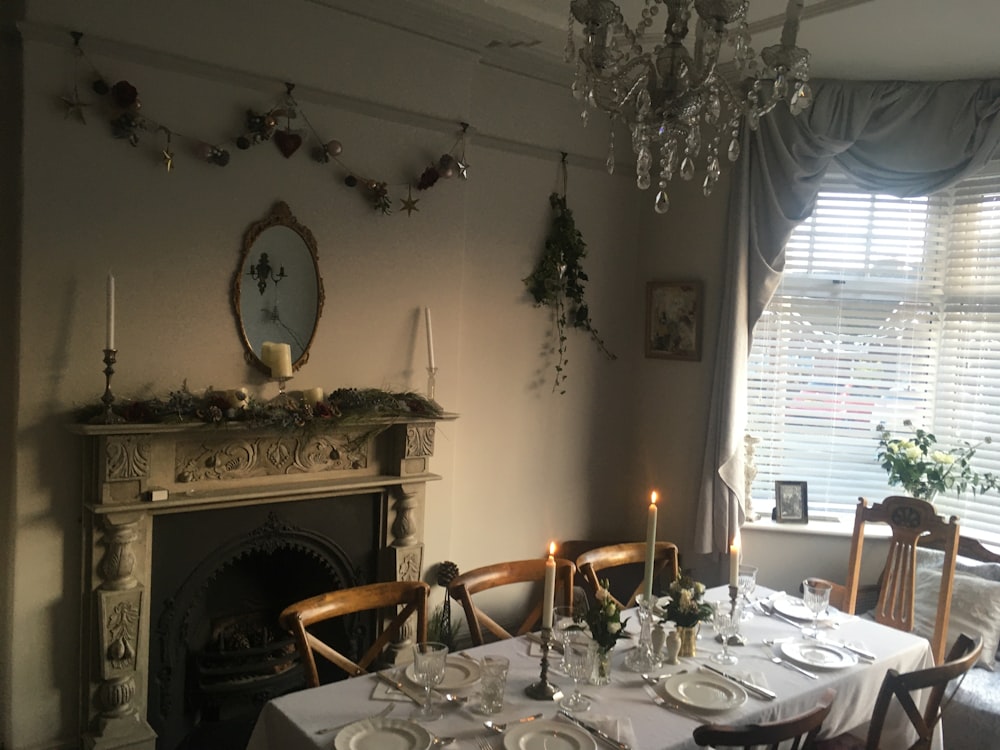 dining table with white tablecloth