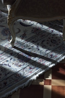 A patterned carpet is under a shadow, partially illuminated by sunlight. The carpet features intricate floral and geometric designs in shades of blue and red on a cream background. Part of an ornate chair leg with detailed carvings is visible, hinting at a luxurious interior setting.