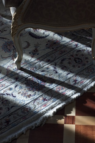 A patterned carpet is under a shadow, partially illuminated by sunlight. The carpet features intricate floral and geometric designs in shades of blue and red on a cream background. Part of an ornate chair leg with detailed carvings is visible, hinting at a luxurious interior setting.