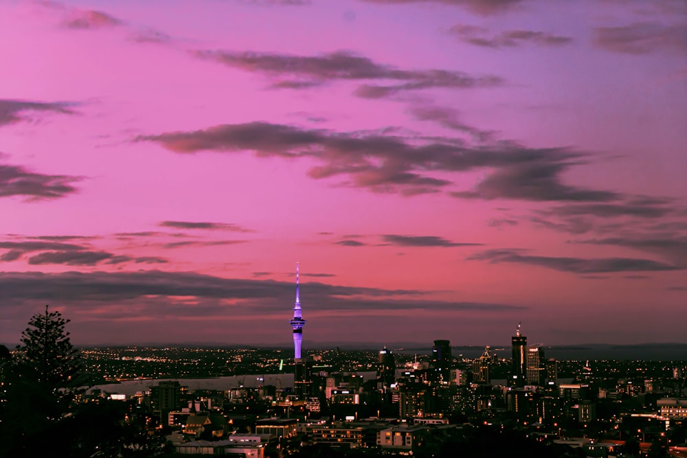 city skyline during night time