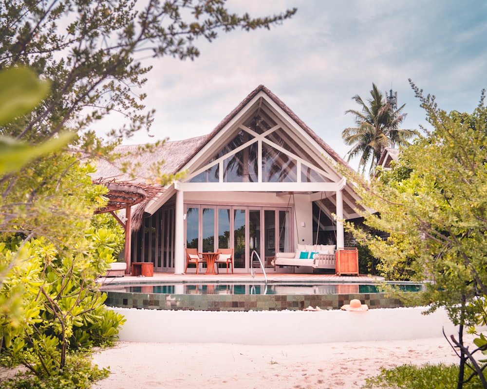 a house with a pool in front of it