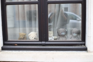 Several teddy bears are displayed behind a window with sheer curtains. The bears vary in color and size, with shades of brown, white, and grey. The window frame is dark, and there is a reflection of a person holding a camera, as well as a parked car visible outside.