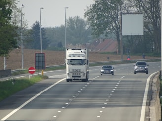 A highway scene features several vehicles, including a large white truck and two cars traveling along a wide, multi-lane road. Trees and green foliage line the road, and a no-entry traffic sign is visible. The sky is overcast, and there are buildings in the background.