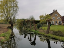 A tranquil rural scene featuring a reflective canal bordered by pruned trees. On the right, a large, traditional house with green shutters sits amidst a well-maintained lawn. Bright, leafy trees surround the area, contributing to the serene countryside atmosphere.