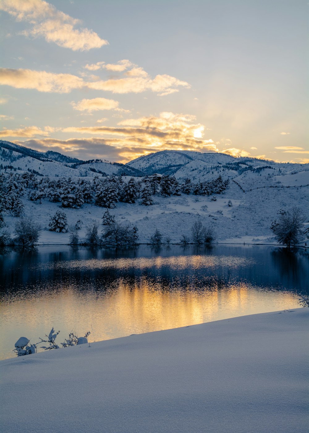 lake near snow covered mountain during daytime