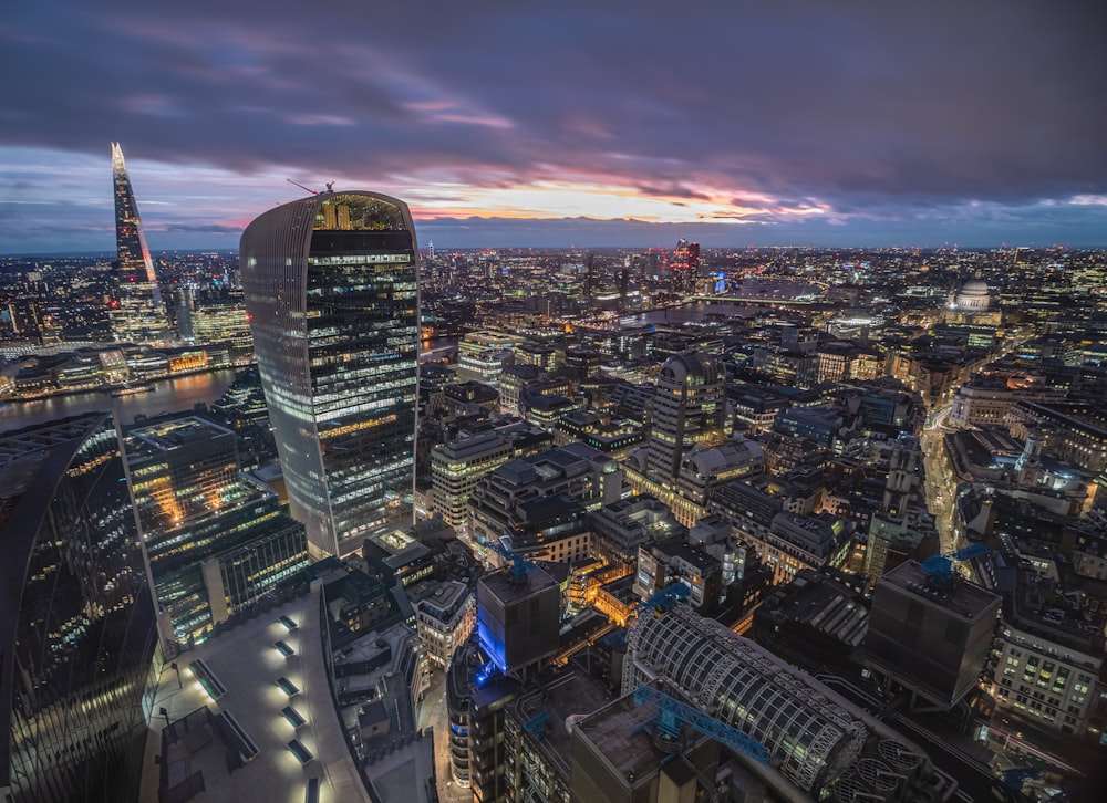 city skyline during night time