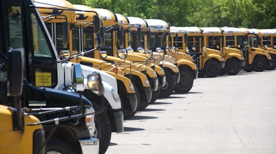 a fleet of school buses during the day