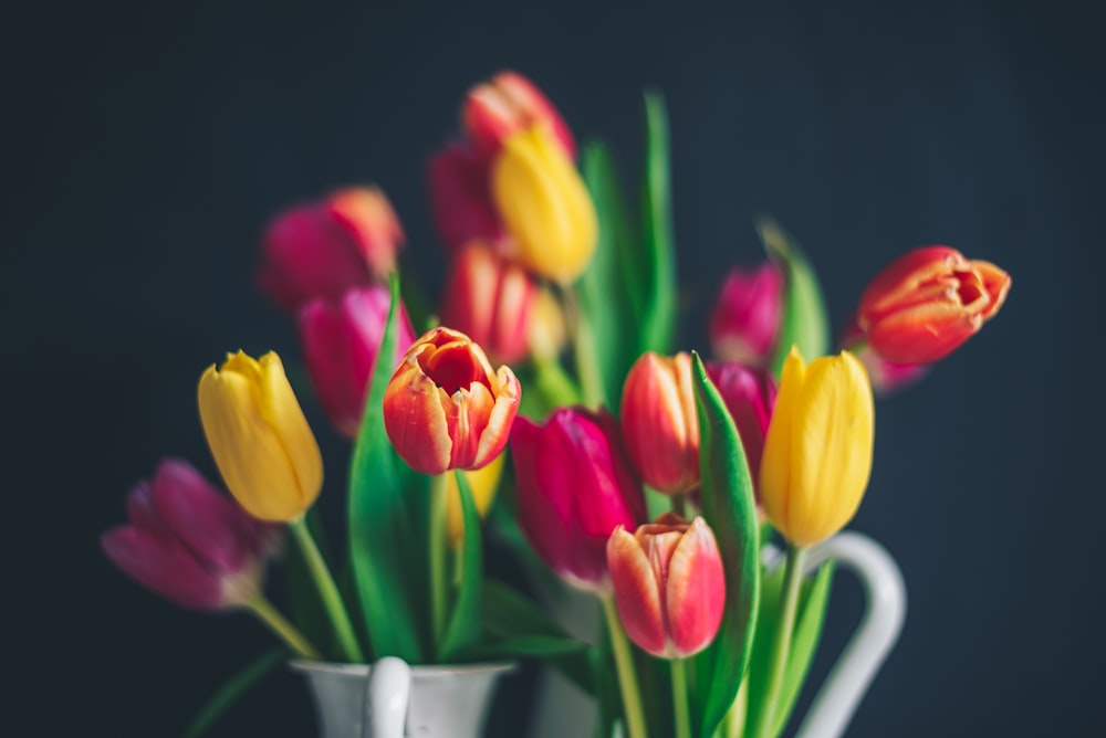 tulipas amarelas e vermelhas no vaso de cerâmica branco